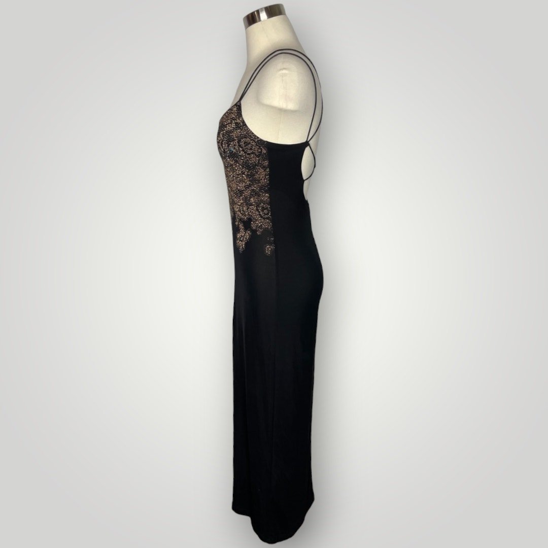 Vintage Dress Black With Gold Sparkle Lace Pattern Strappy Bodycon S Long - MST GoodsVintage