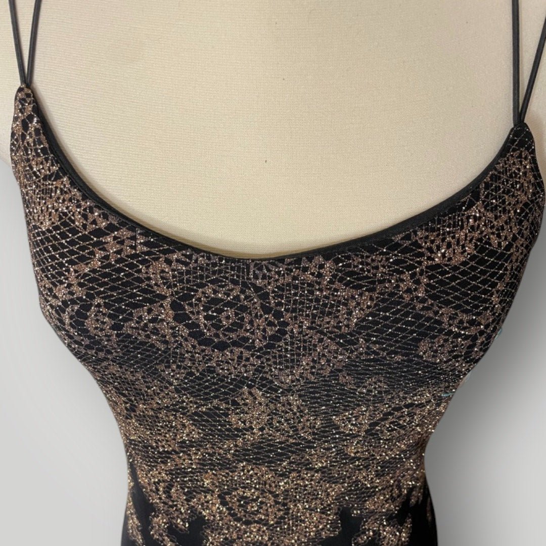 Vintage Dress Black With Gold Sparkle Lace Pattern Strappy Bodycon S Long - MST GoodsVintage
