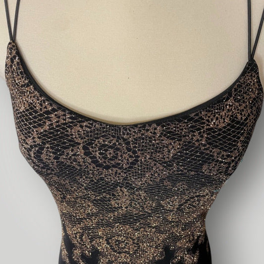 Vintage Dress Black With Gold Sparkle Lace Pattern Strappy Bodycon S Long - MST GoodsVintage