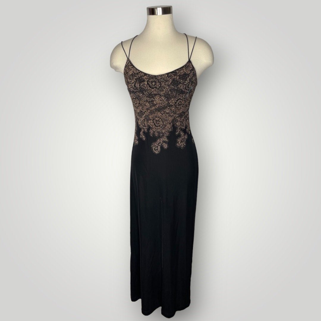 Vintage Dress Black With Gold Sparkle Lace Pattern Strappy Bodycon S Long - MST GoodsVintage