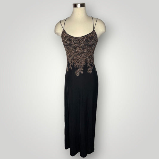 Vintage Dress Black With Gold Sparkle Lace Pattern Strappy Bodycon S Long - MST GoodsVintage