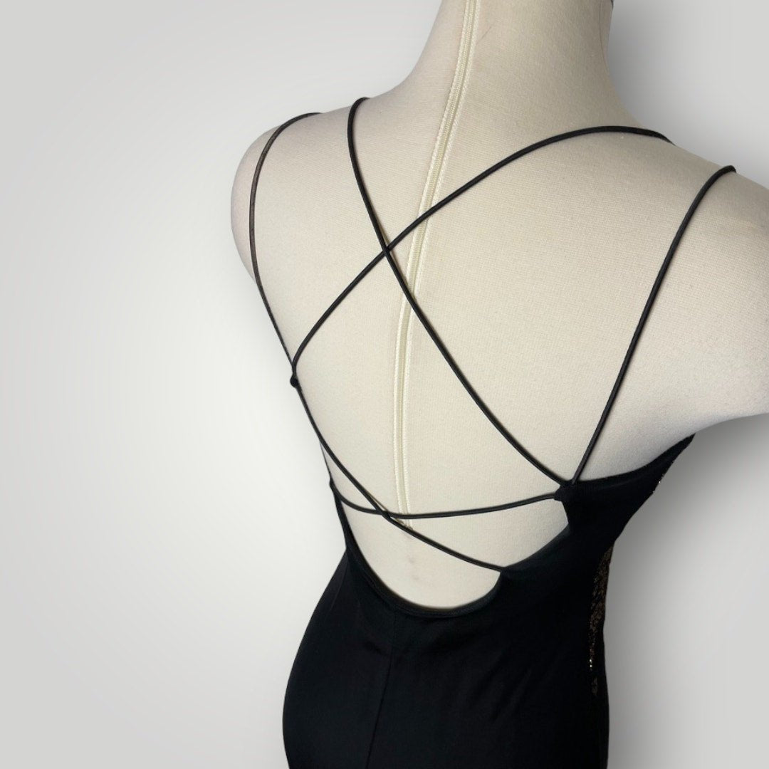 Vintage Dress Black With Gold Sparkle Lace Pattern Strappy Bodycon S Long - MST GoodsVintage