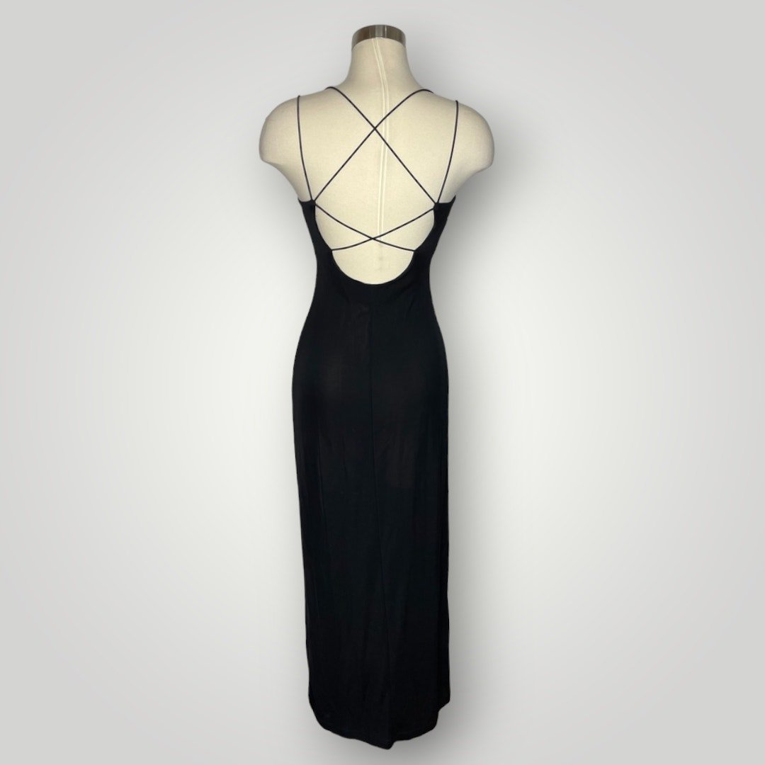 Vintage Dress Black With Gold Sparkle Lace Pattern Strappy Bodycon S Long - MST GoodsVintage