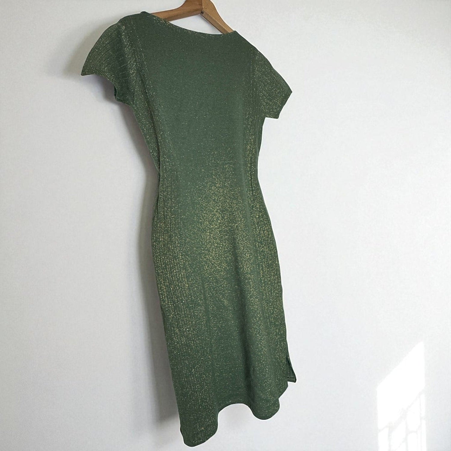Vintage Dress Luisa Spagnoli Green Wool Lurex Metallic Gold Wiggle Knee Small - MST GoodsLuisa Spagnoli