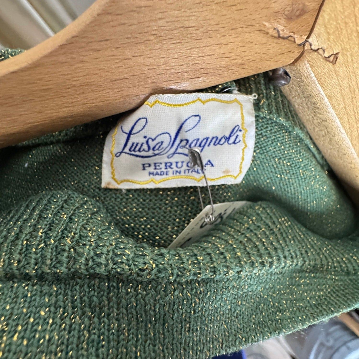 Vintage Dress Luisa Spagnoli Green Wool Lurex Metallic Gold Wiggle Knee Small - MST GoodsLuisa Spagnoli