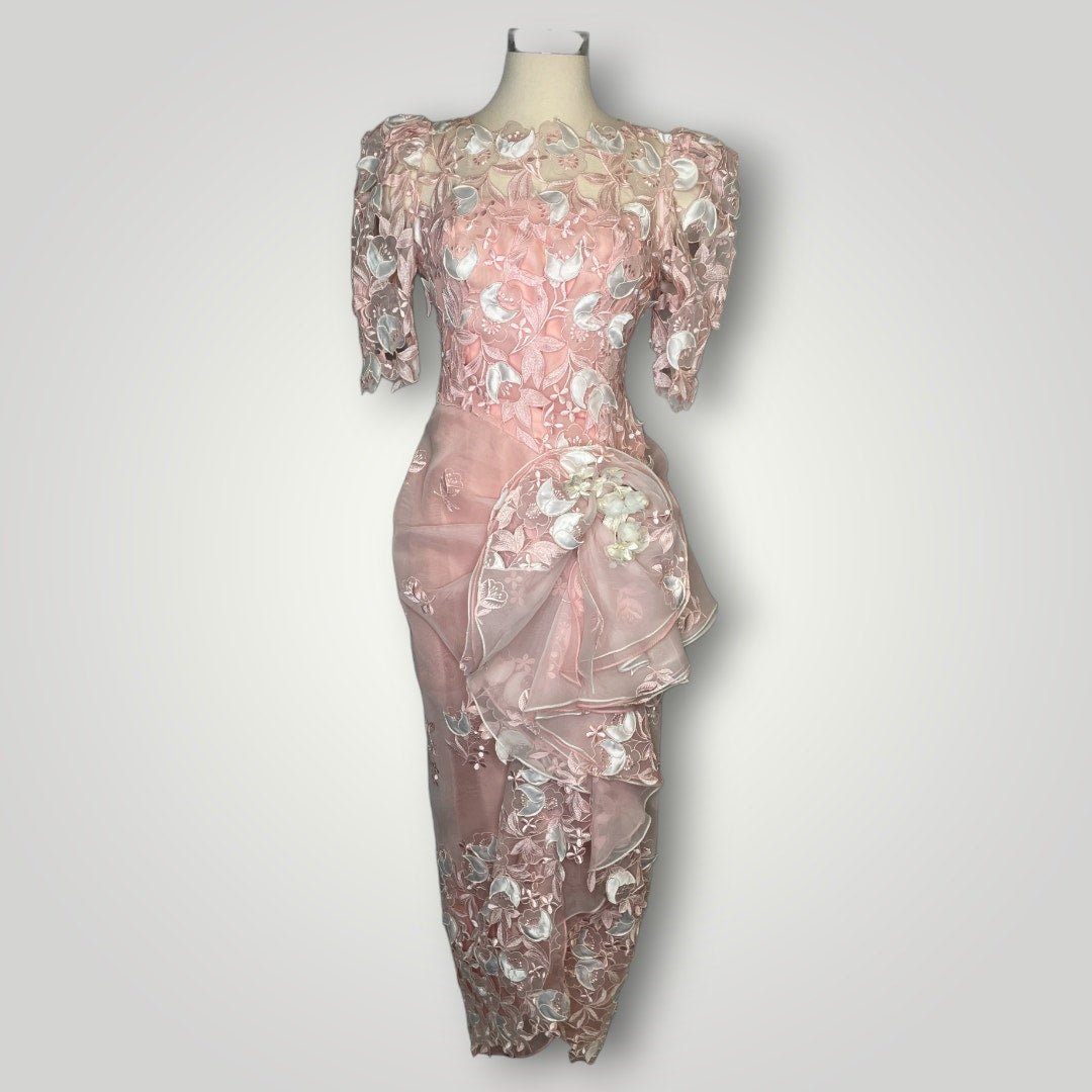 Vintage Gown 1980s 3D Floral Cutout Embroidered Pink USA Union Puffed Sleeve D1 - MST GoodsVintage