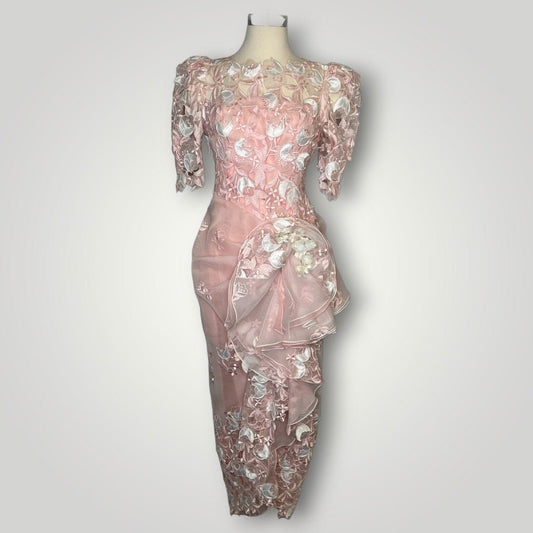 Vintage Gown 1980s 3D Floral Cutout Embroidered Pink USA Union Puffed Sleeve D1 - MST GoodsVintage