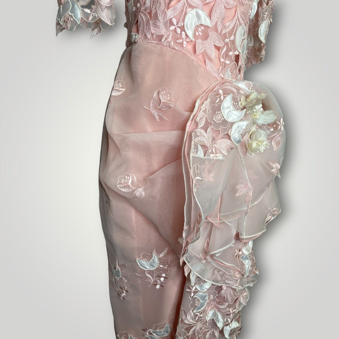 Vintage Gown 1980s 3D Floral Cutout Embroidered Pink USA Union Puffed Sleeve D1 - MST GoodsVintage