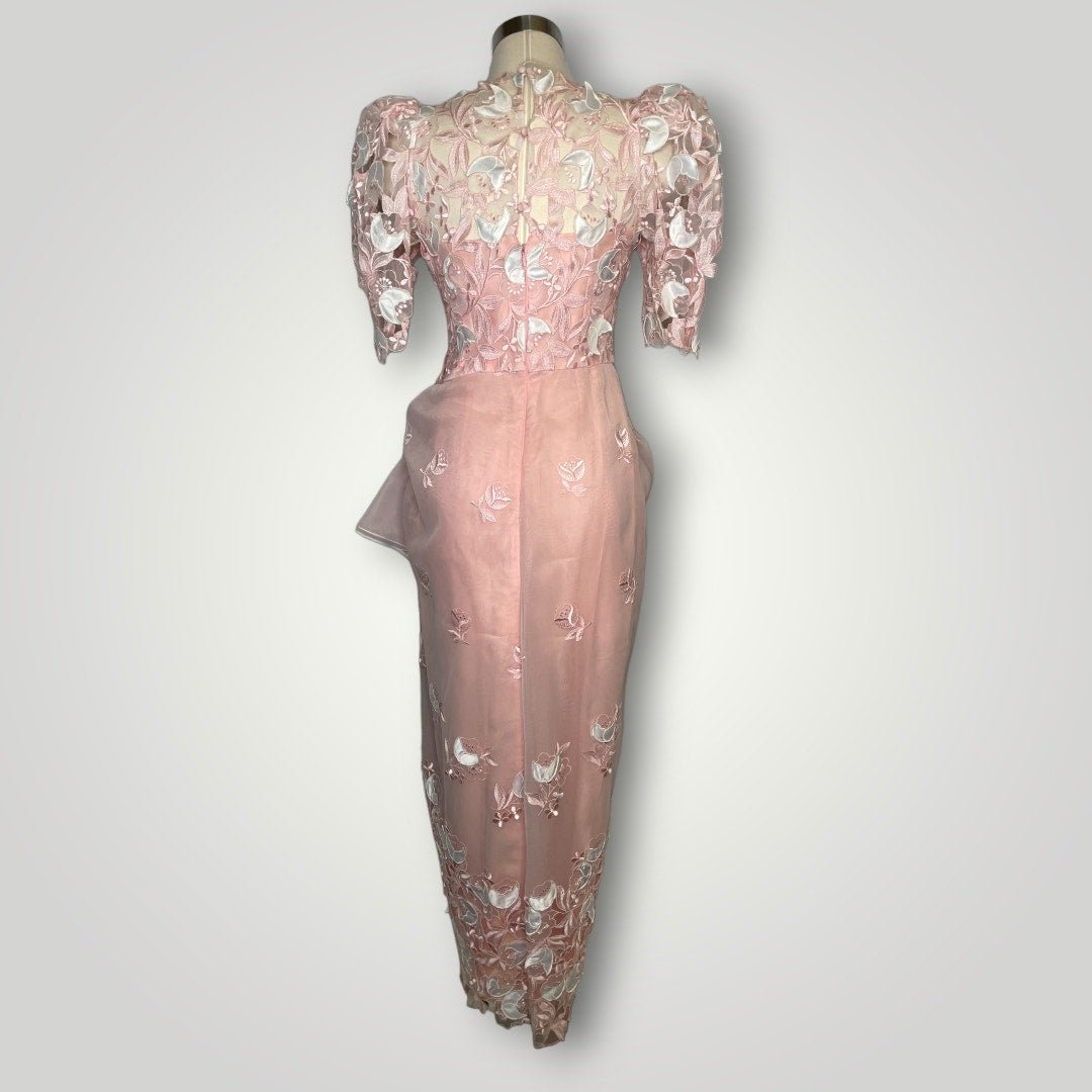 Vintage Gown 1980s 3D Floral Cutout Embroidered Pink USA Union Puffed Sleeve D1 - MST GoodsVintage