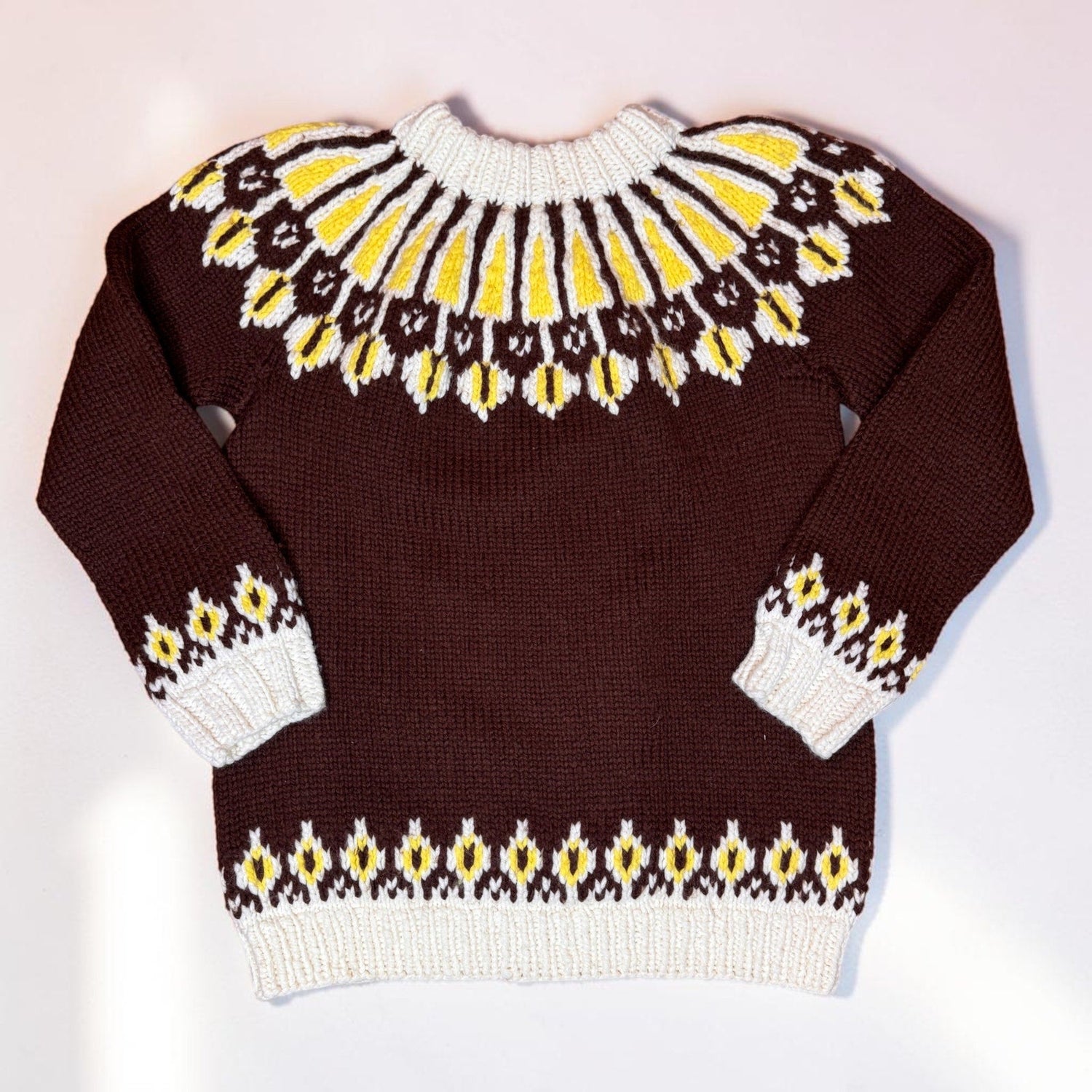 Vintage Handmade Handknit Fair Isle Sweater Wool Brown Yellow White Women's Med - MST GoodsHandmade