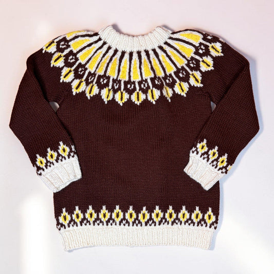 Vintage Handmade Handknit Fair Isle Sweater Wool Brown Yellow White Women's Med - MST GoodsHandmade