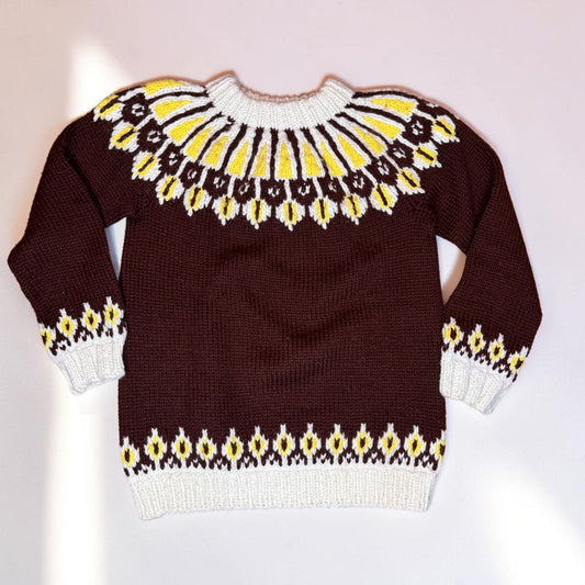 Vintage Handmade Handknit Fair Isle Sweater Wool Brown Yellow White Women's Med - MST GoodsHandmade