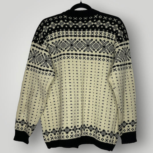 Vintage Handmade Knit Scandinavian Cardigan Sweater Cream Black Large XL Wool - MST GoodsHandmade