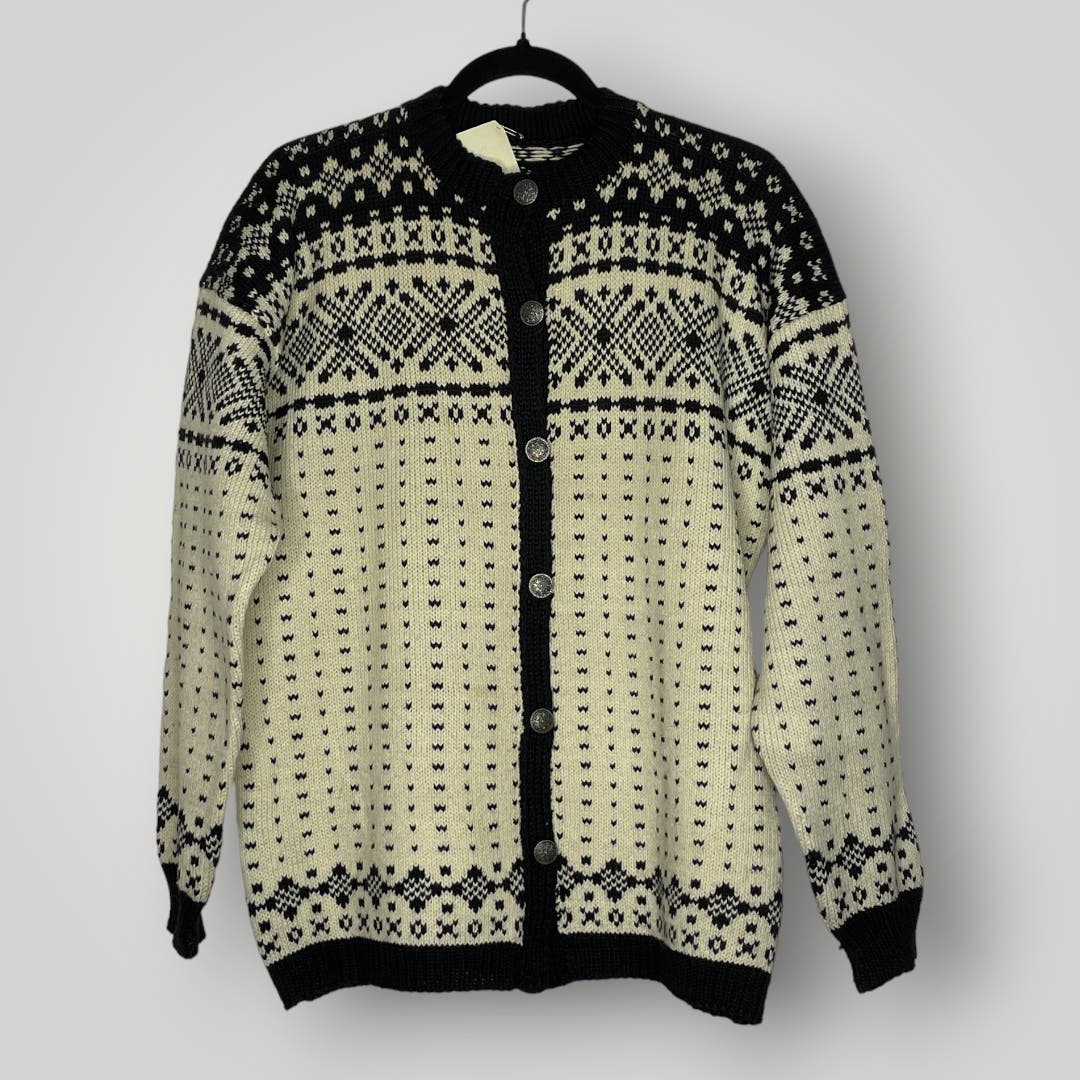 Vintage Handmade Knit Scandinavian Cardigan Sweater Cream Black Large XL Wool - MST GoodsHandmade