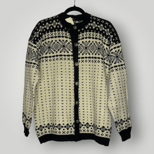 Vintage Handmade Knit Scandinavian Cardigan Sweater Cream Black Large XL Wool - MST GoodsHandmade