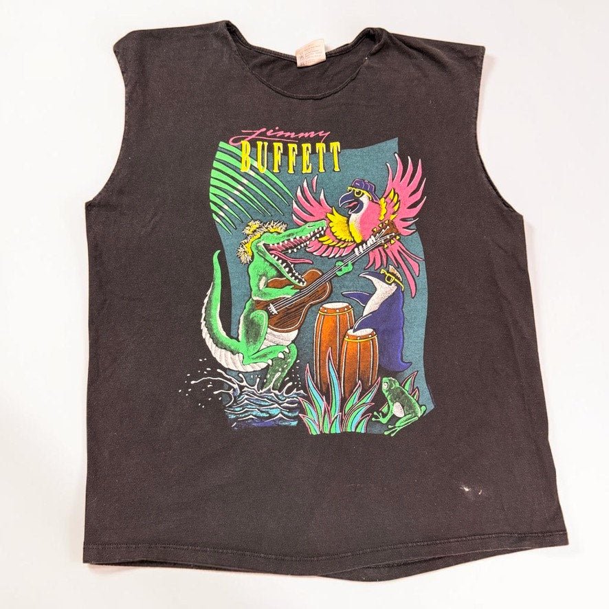 Vintage Jimmy Buffett T-Shirt Jimmy's Jump Up Black Parrot Cutoff Mens - MST GoodsVintage