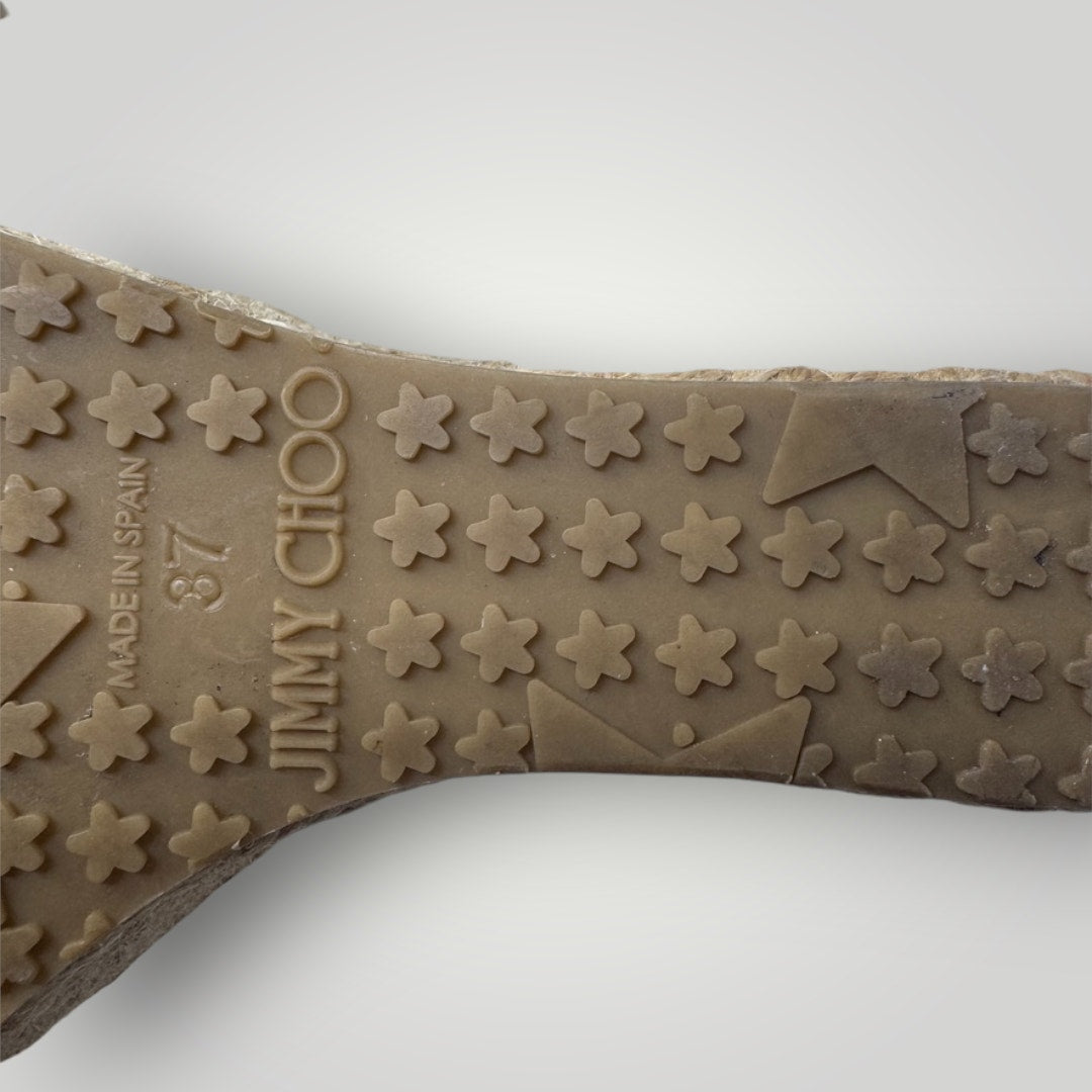 Close-up of a Jimmy Choo shoe sole with star pattern and brand name.