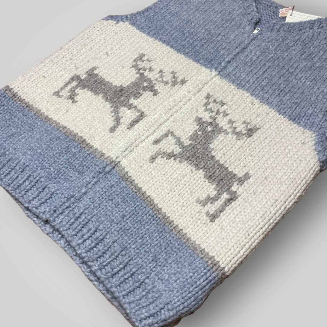 Vintage Knit Sweater Vest Reindeer Heavy Wool Handmade Gray Cream Zip Front L - MST GoodsHandmade