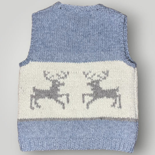 Vintage Knit Sweater Vest Reindeer Heavy Wool Handmade Gray Cream Zip Front L - MST GoodsHandmade