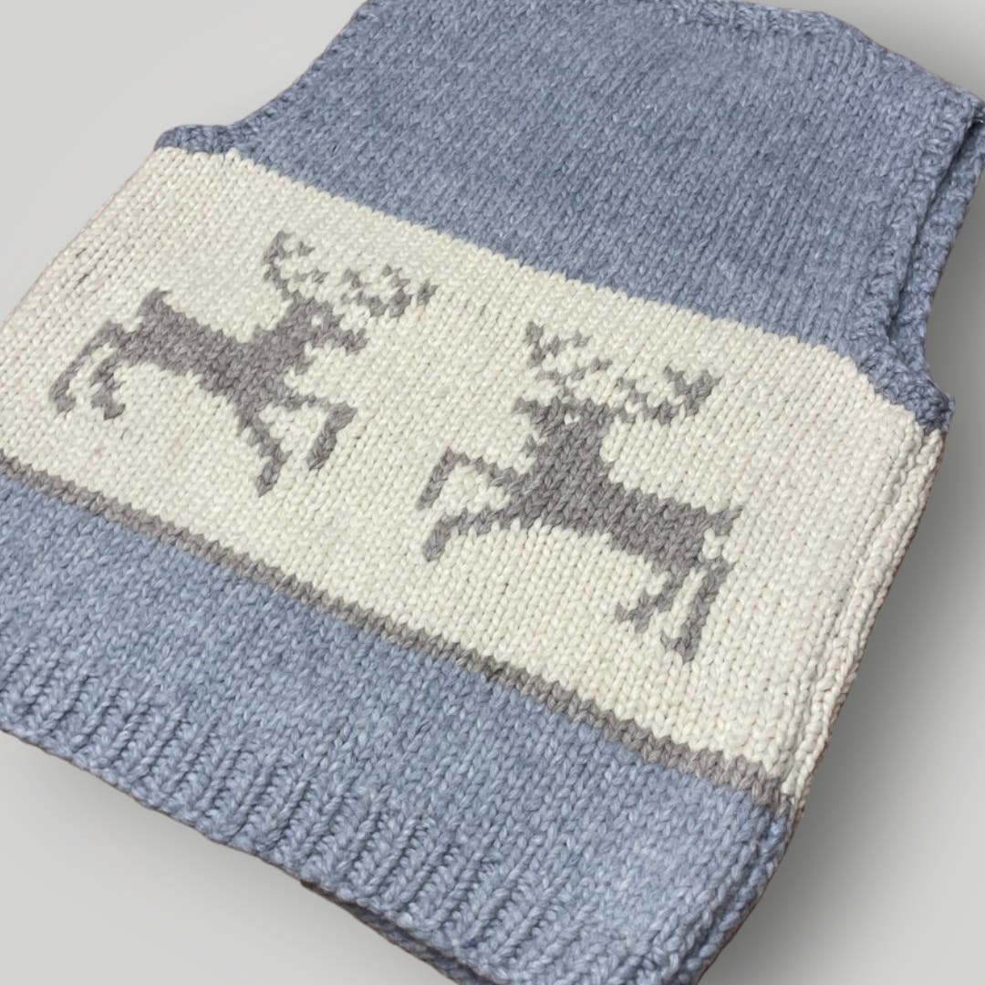 Vintage Knit Sweater Vest Reindeer Heavy Wool Handmade Gray Cream Zip Front L - MST GoodsHandmade