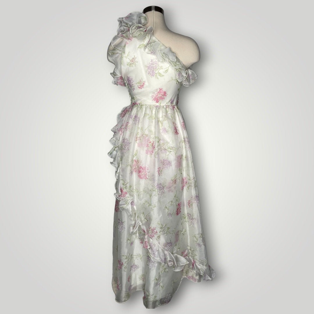 Vintage Prom Dress One Shoulder Ruffled Floral Lilac Print Barbie Small 2 1970s - MST GoodsUnbranded