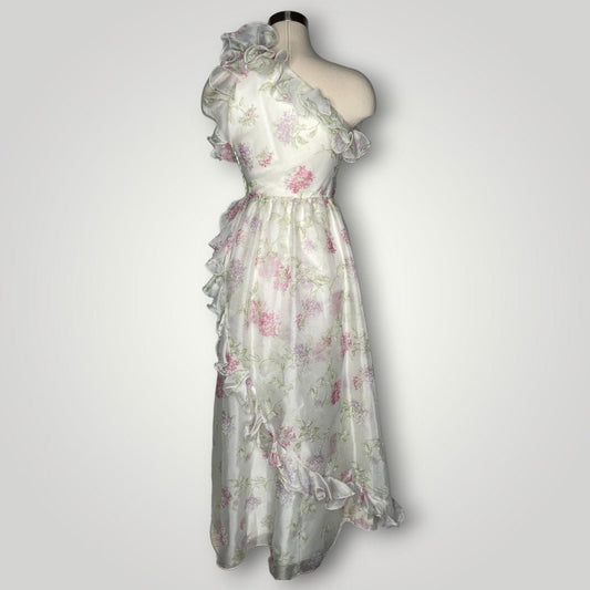 Vintage Prom Dress One Shoulder Ruffled Floral Lilac Print Barbie Small 2 1970s - MST GoodsUnbranded