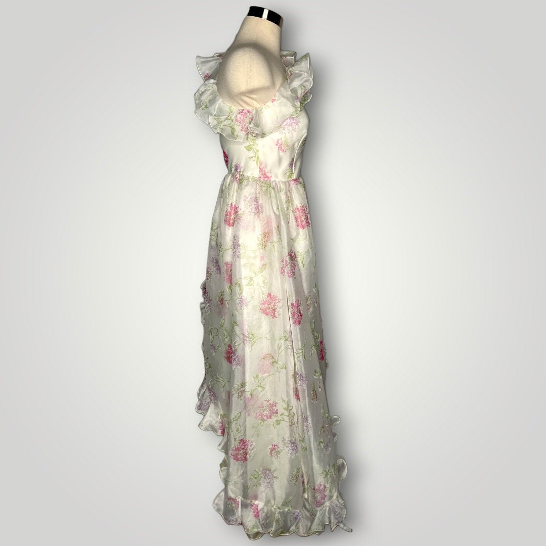 Vintage Prom Dress One Shoulder Ruffled Floral Lilac Print Barbie Small 2 1970s - MST GoodsUnbranded