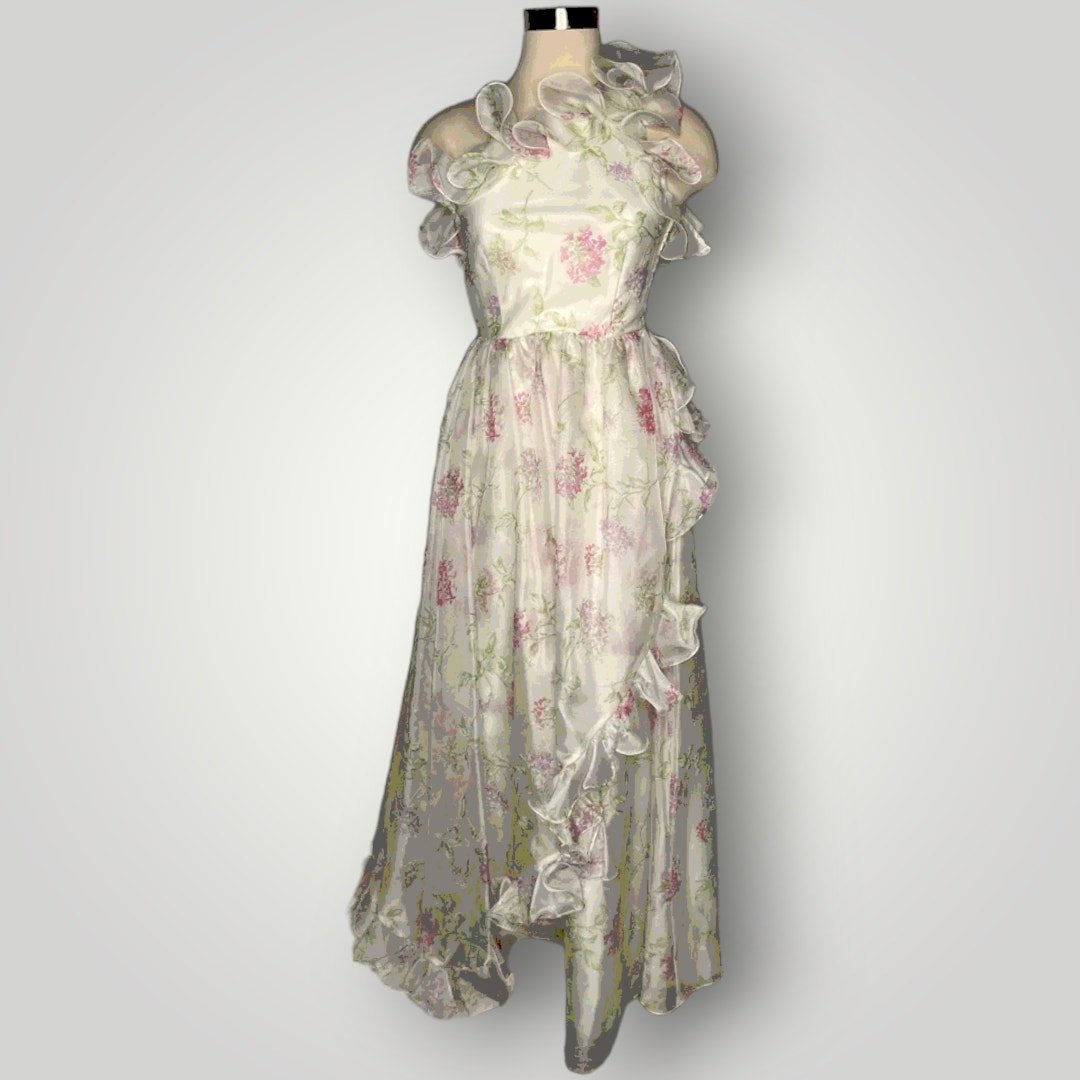 Vintage Prom Dress One Shoulder Ruffled Floral Lilac Print Barbie Small 2 1970s - MST GoodsUnbranded