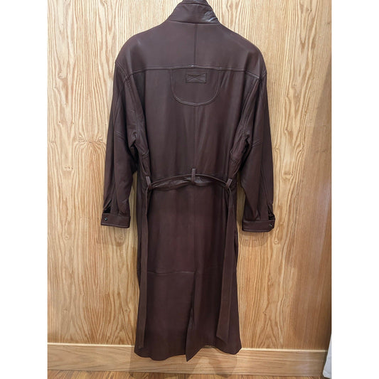 Vintage Saxony Brown Leather Trench Coat Double Closure Long Men's L - MST GoodsSaxony