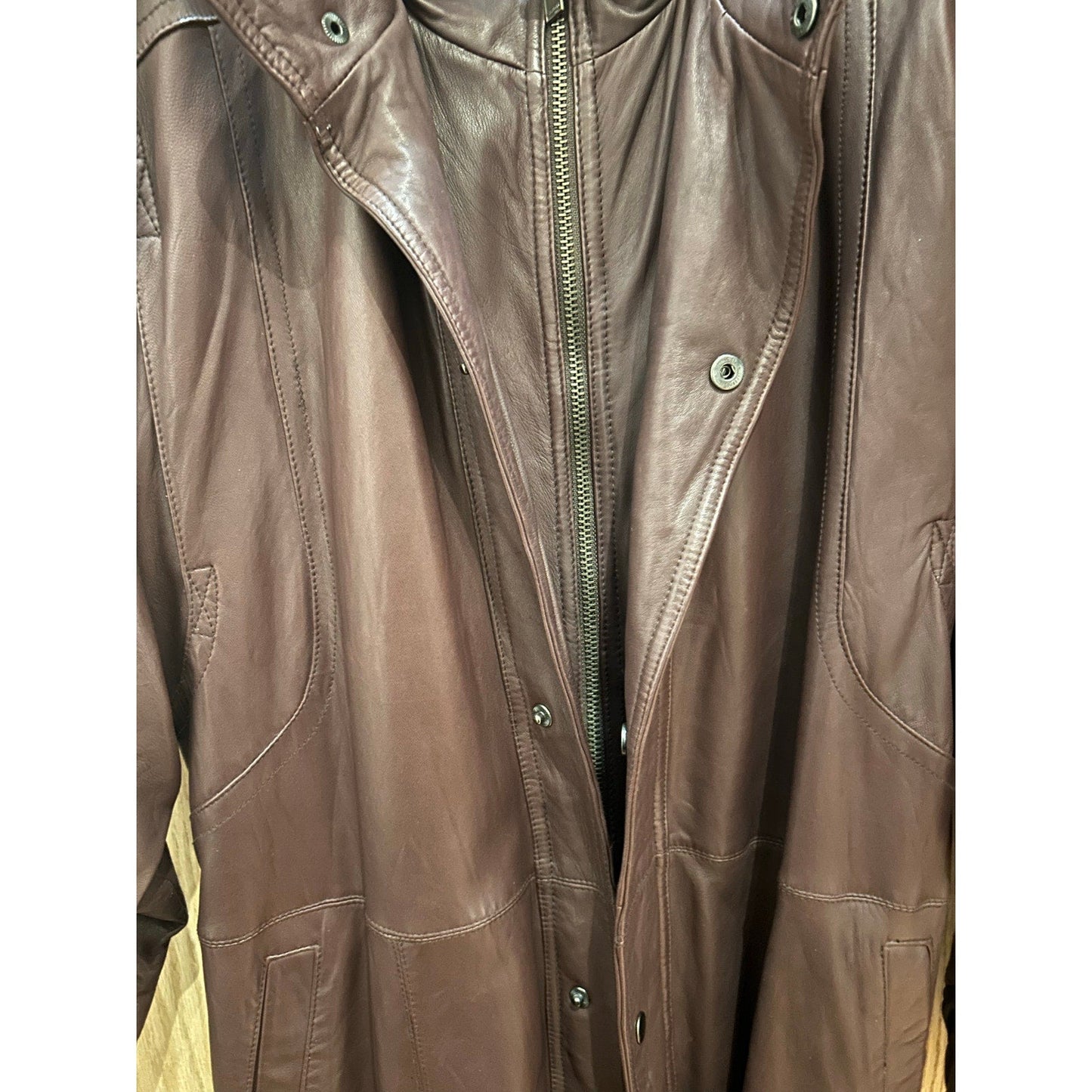 Vintage Saxony Brown Leather Trench Coat Double Closure Long Men's L - MST GoodsSaxony