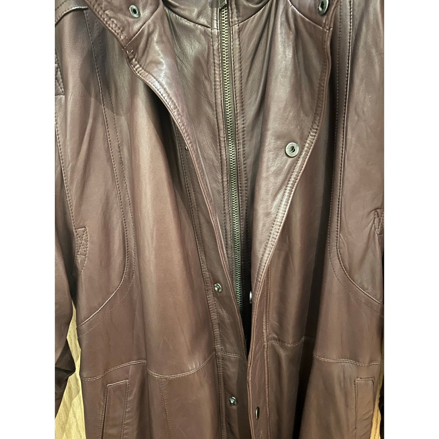 Vintage Saxony Brown Leather Trench Coat Double Closure Long Men's L - MST GoodsSaxony