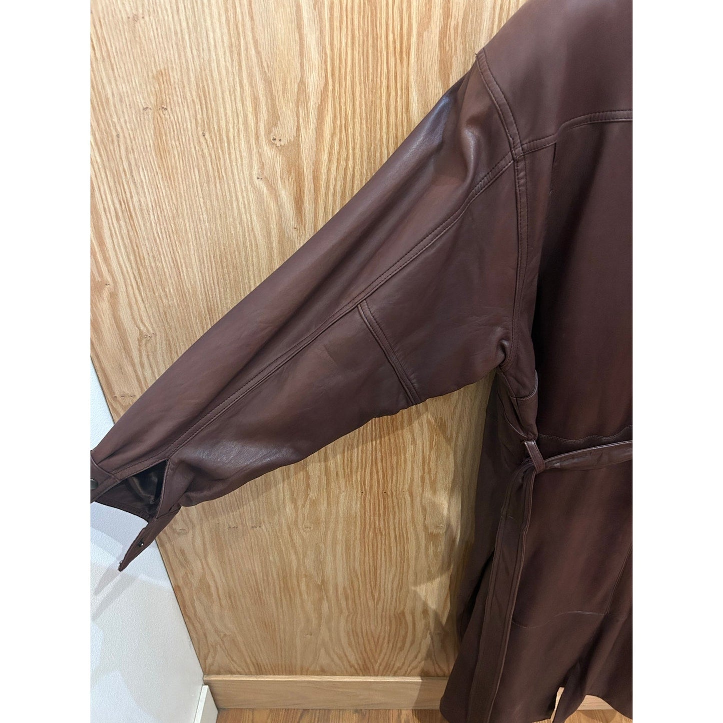 Vintage Saxony Brown Leather Trench Coat Double Closure Long Men's L - MST GoodsSaxony