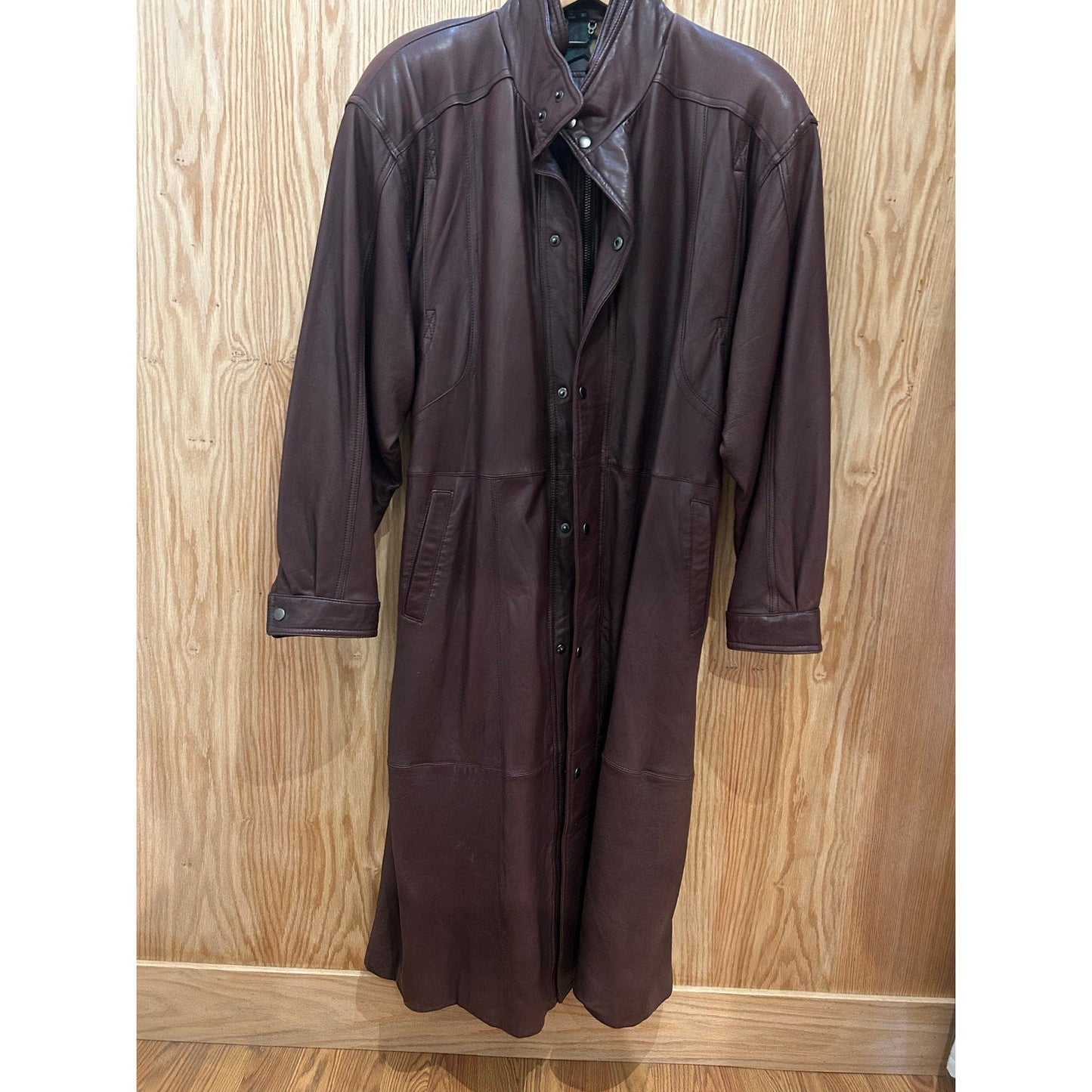Vintage Saxony Brown Leather Trench Coat Double Closure Long Men's L - MST GoodsSaxony
