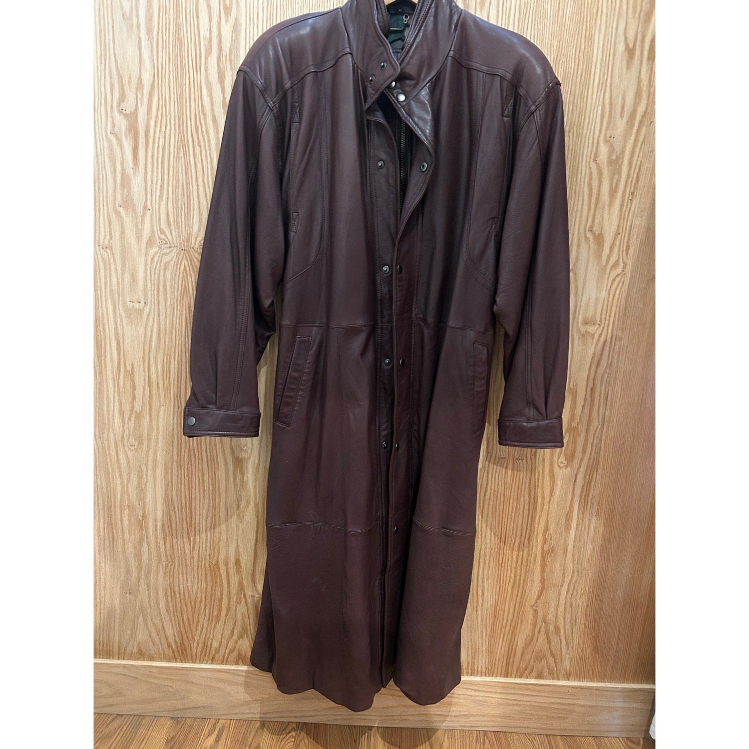 Vintage Saxony Brown Leather Trench Coat Double Closure Long Men's L - MST GoodsSaxony