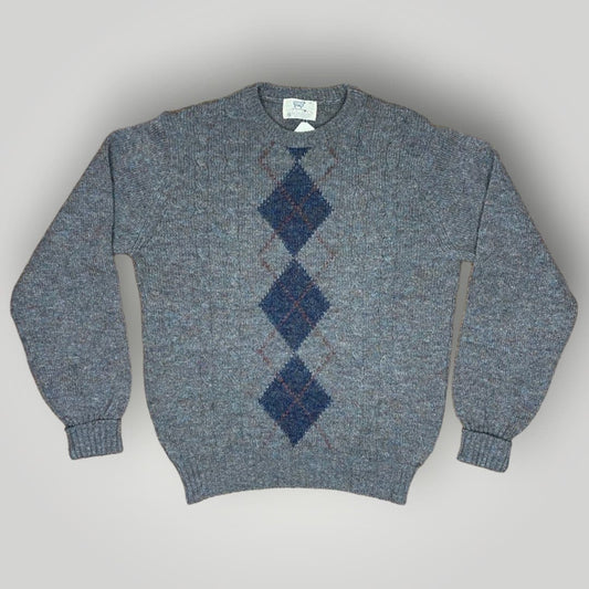 Vintage Shetland Wool Crewneck Pullover Argyle Lord Jeff 1970s Gray Blue Large - MST GoodsLord Jeff