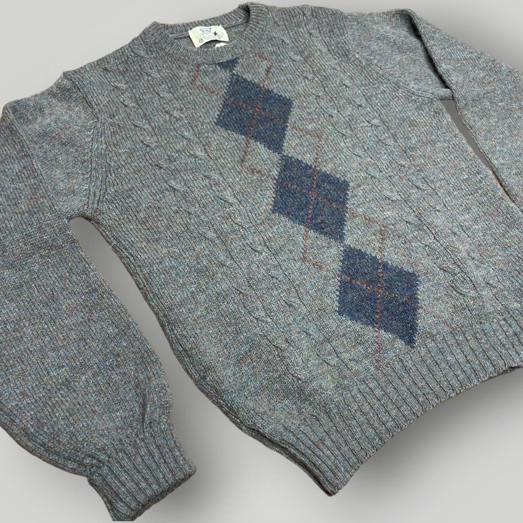 Vintage Shetland Wool Crewneck Pullover Argyle Lord Jeff 1970s Gray Blue Large - MST GoodsLord Jeff