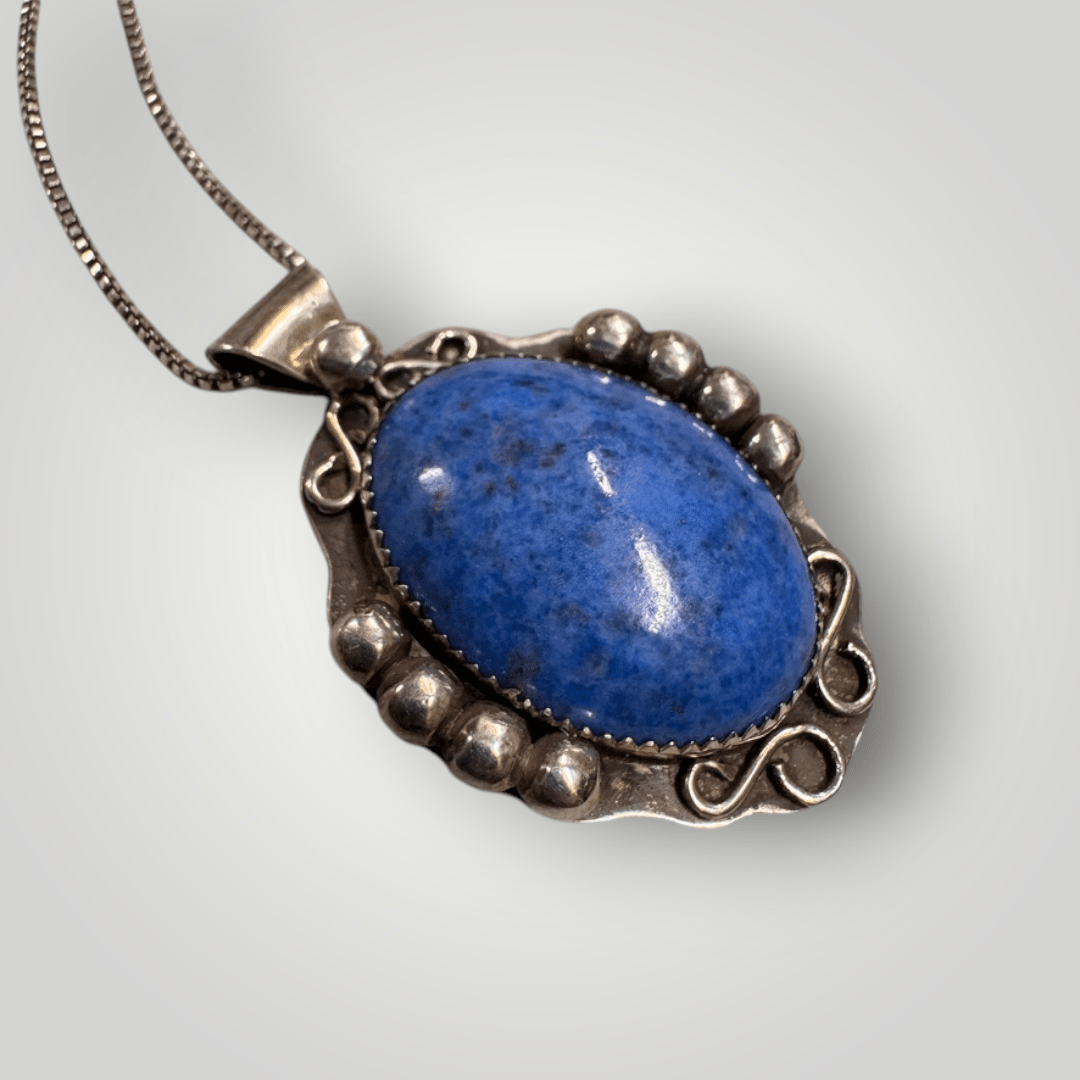 Vintage Sterling Native American Denim Lapis Pendant Necklace 24" Chain - MST GoodsVintage