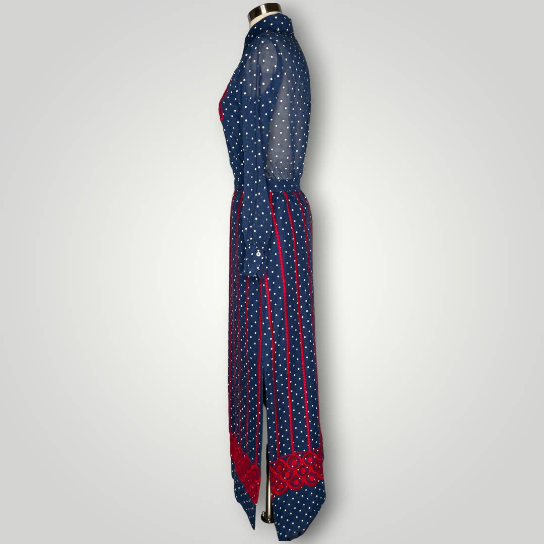 Vintage Susan Thomas Skirt Set Red Blue Polka Dot Embroidery Mod Women's Sm E - MST GoodsVintage