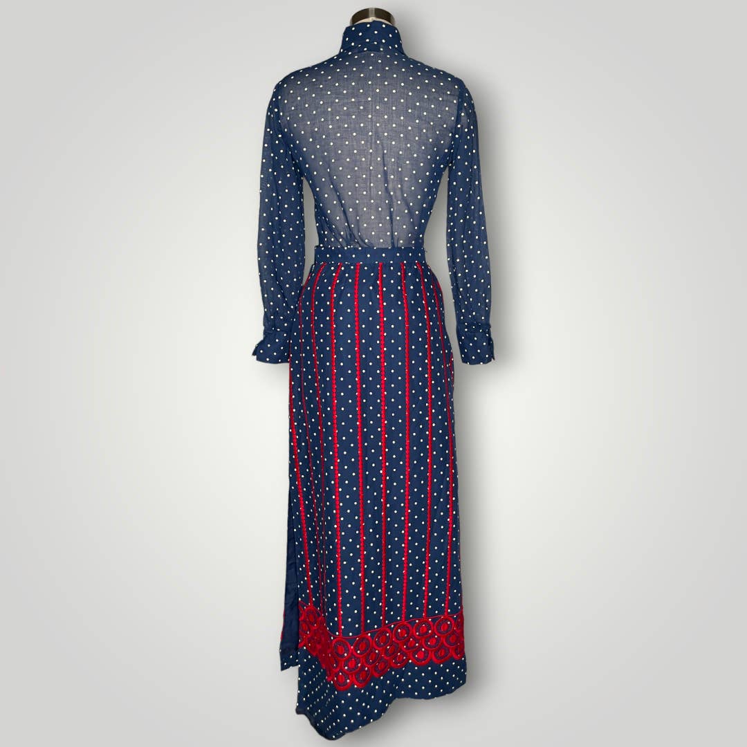 Vintage Susan Thomas Skirt Set Red Blue Polka Dot Embroidery Mod Women's Sm E - MST GoodsVintage
