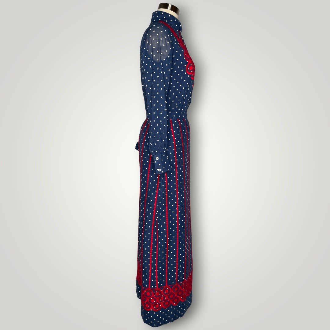 Vintage Susan Thomas Skirt Set Red Blue Polka Dot Embroidery Mod Women's Sm E - MST GoodsVintage