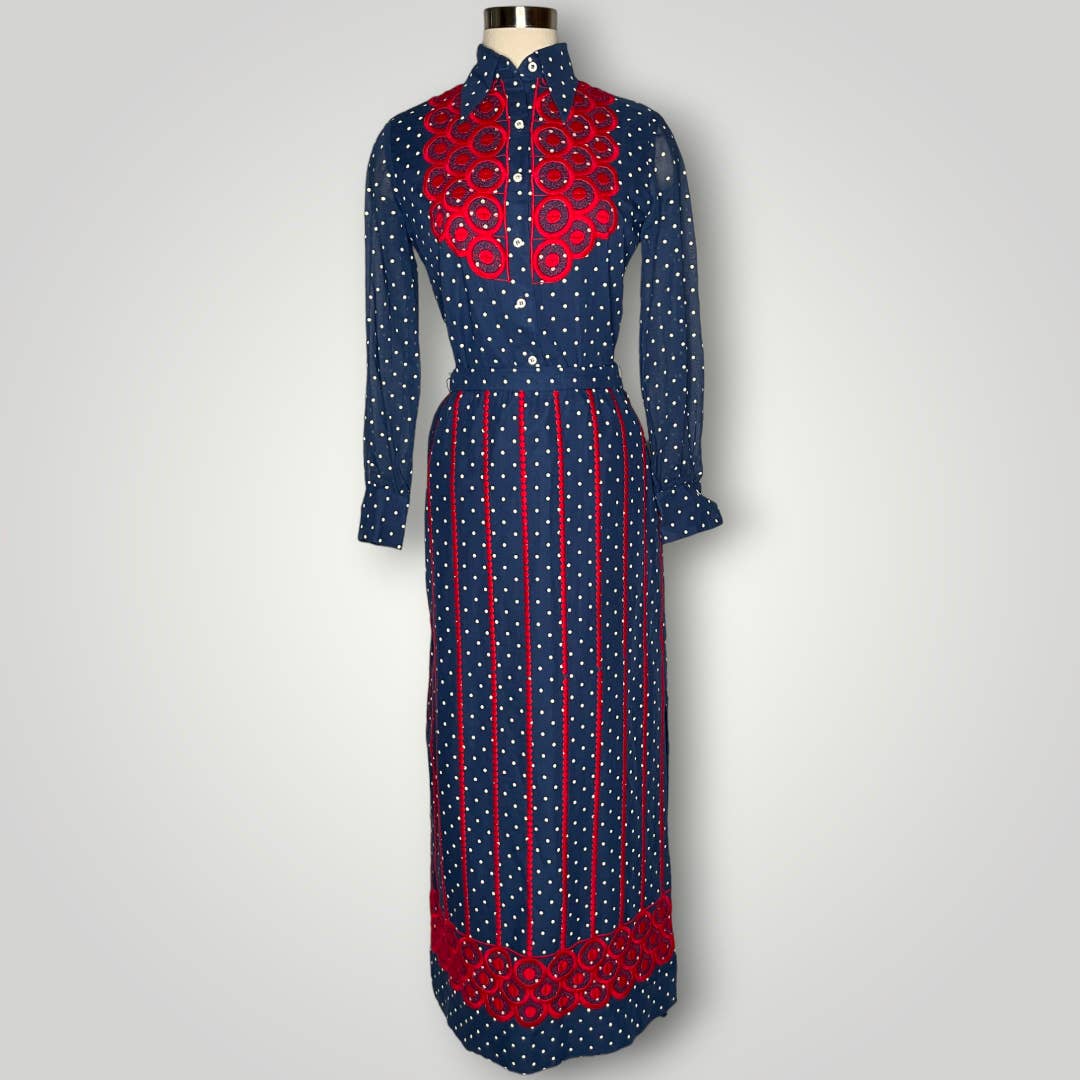 Vintage Susan Thomas Skirt Set Red Blue Polka Dot Embroidery Mod Women's Sm E - MST GoodsVintage