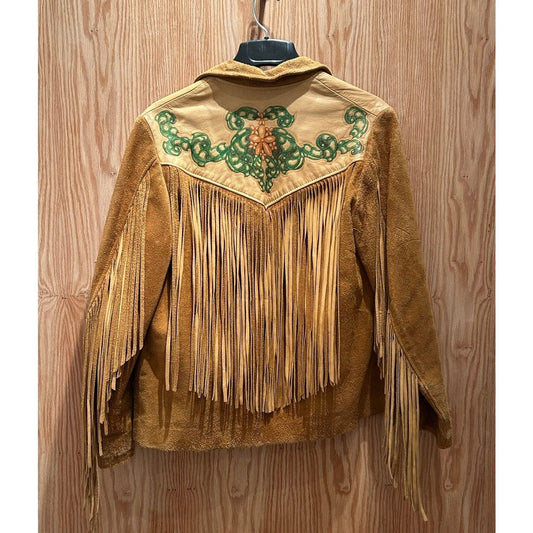 Vintage Tan Deerskin Leather Fringe Jacket Hand Painted Antler Buttons Womens S - MST GoodsHandmade