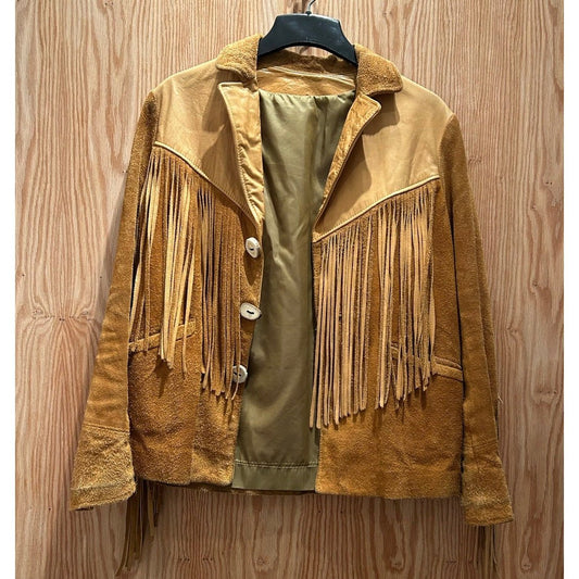 Vintage Tan Deerskin Leather Fringe Jacket Hand Painted Antler Buttons Womens S - MST GoodsHandmade
