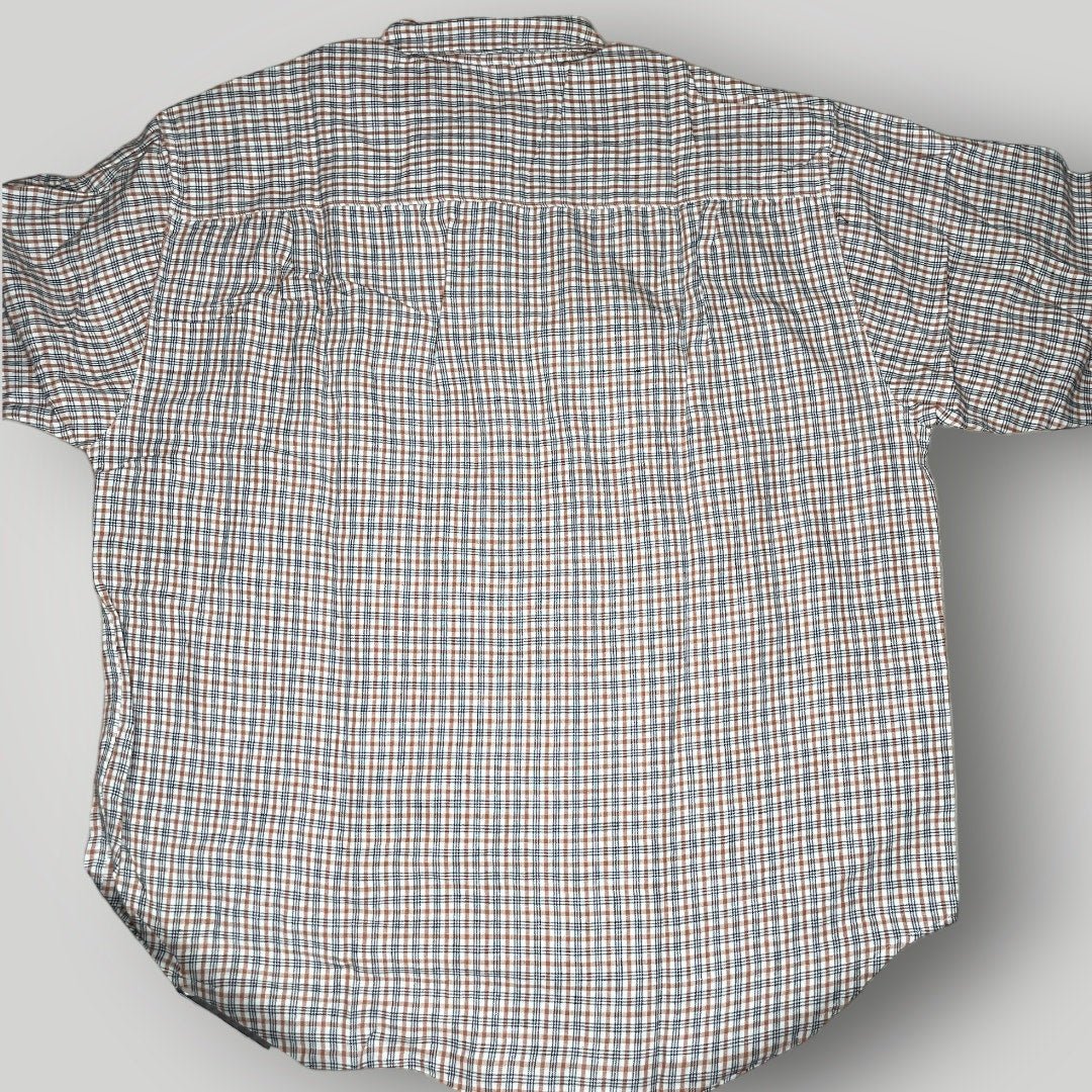 Vintage Top Eddie Bauer Linen Cotton Plaid Button Down Shirt Orange Gray H - MST GoodsEddie Bauer
