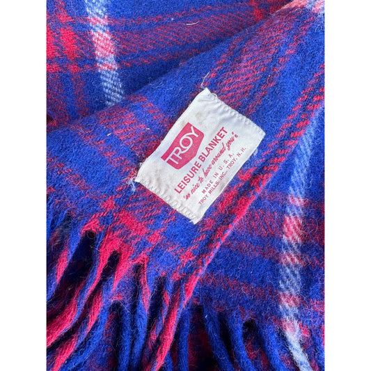 Vintage Troy Leisure Blanket Fringed Lap Throw Plaid Blue Red 52”x56” - MST GoodsTroy Leisure blanket