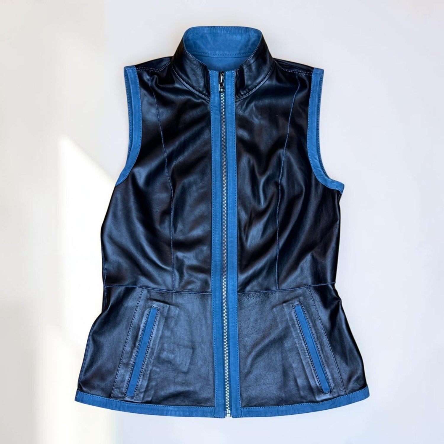 Vintage Unbranded Reversible Leather Vest Blue Black Genuine Y2k Zip Women's XS - MST GoodsVintage