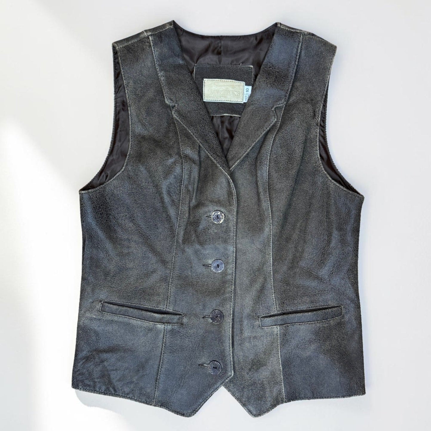 Vintage Y2k Mavericks Leather Vest Distressed Brown Women's Small - MST GoodsMavericks