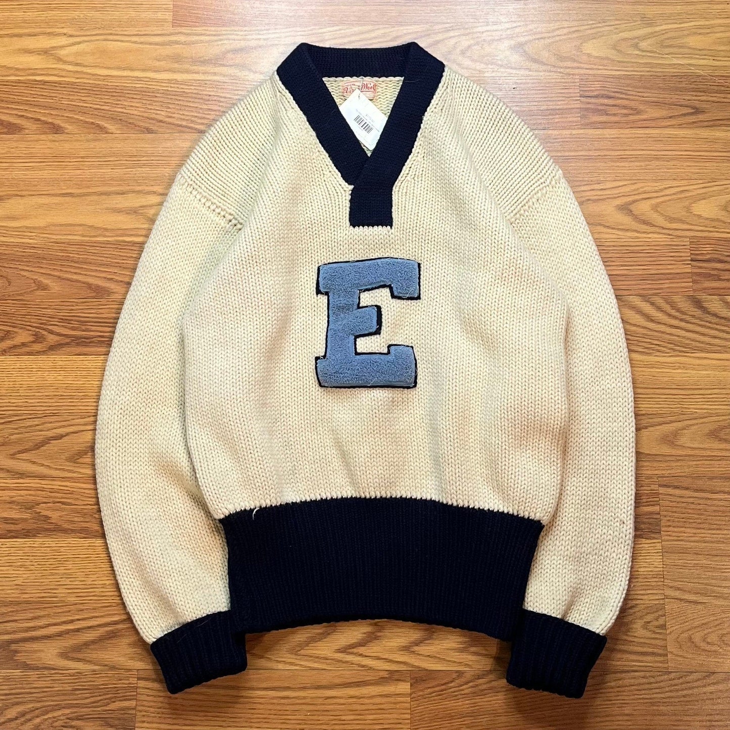 Vtg 1950s Virgin Wool Letterman Sweater Chenille E Patch Collegiate Ivy Men's L - MST GoodsVintage