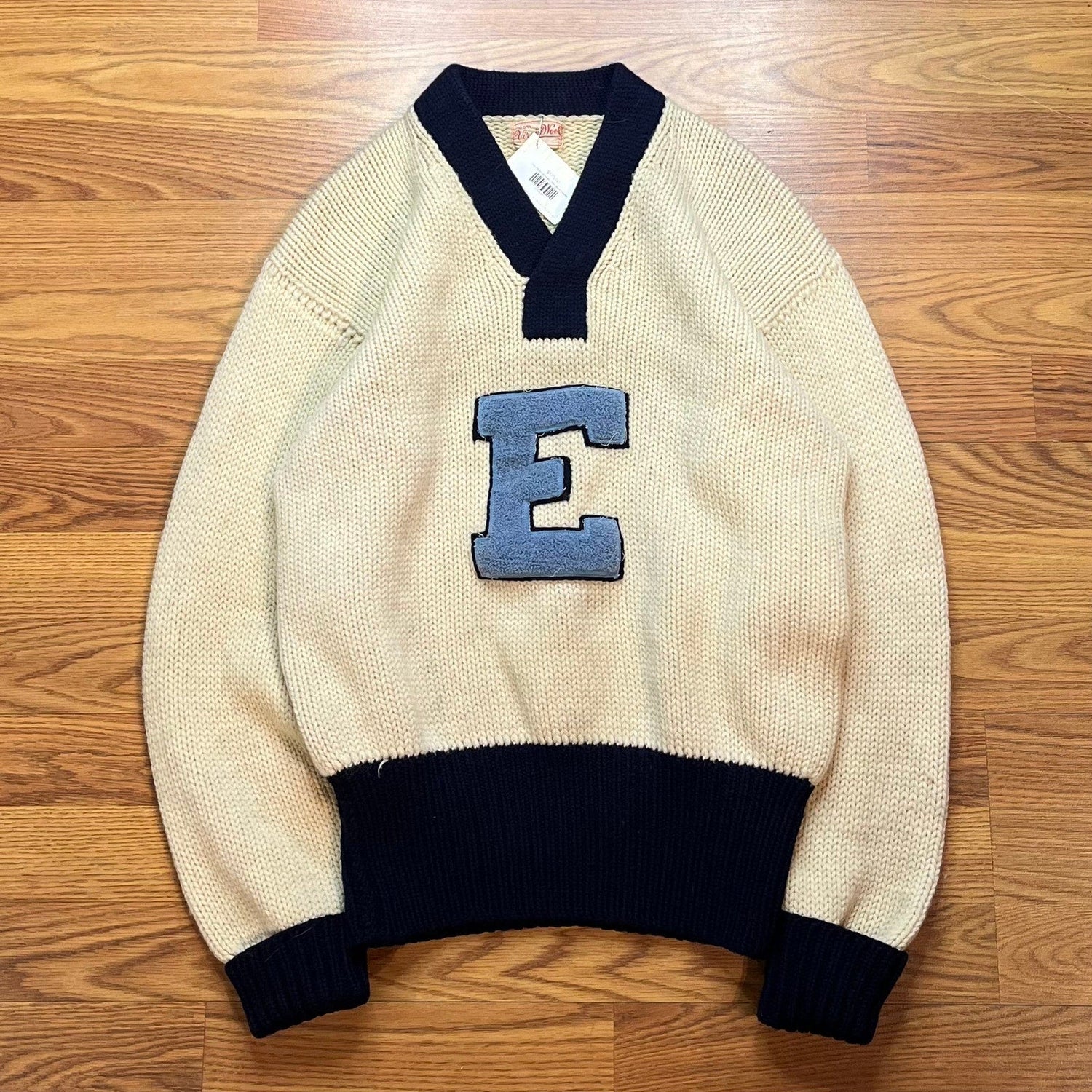 Vtg 1950s Virgin Wool Letterman Sweater Chenille E Patch Collegiate Ivy Men's L - MST GoodsVintage