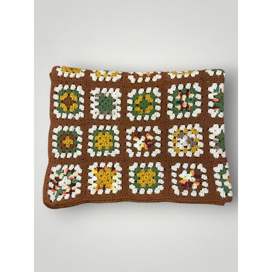 Vtg Granny Square Afghan Brown Green Multicolor 50x82 Handmade Crocheted - MST GoodsHandmade